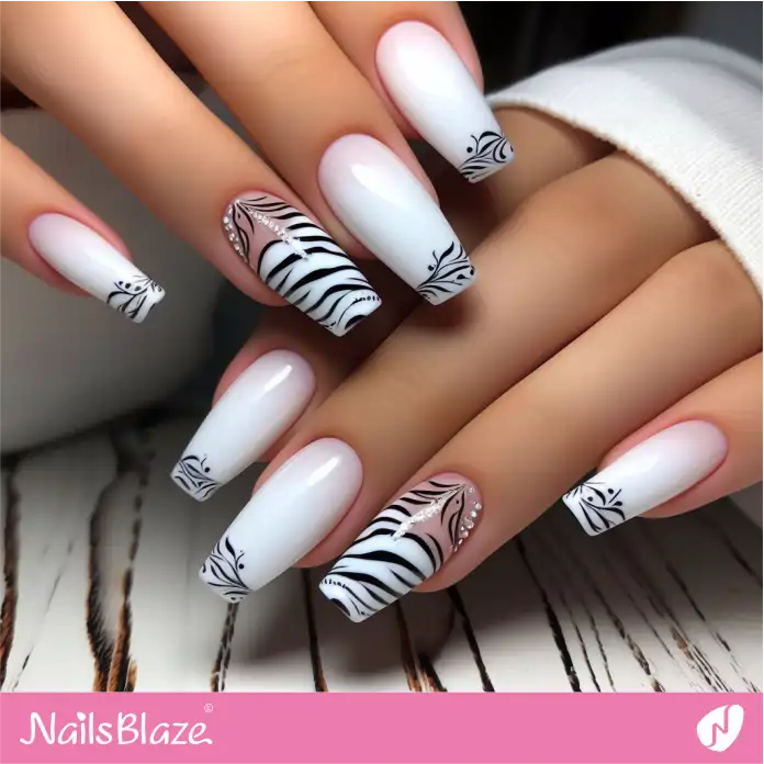 Zebra Print Design on White Nails | Animal Print Nails - NB2494